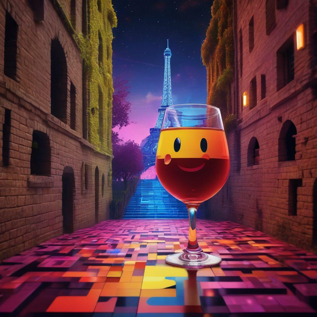 A vibrant collage featuring a glass of Bordeaux wine blending into a pixelated image of Pac-Man navigating through a maze of colorful ghosts. The background showcases elements of French culture like the Eiffel Tower and traditional vineyards, while the foreground highlights video game elements with a retro arcade aesthetic. The transition from the smooth wine curves to pixel art creates a dynamic contrast. super-realistic. vibrant colors. digital art.
