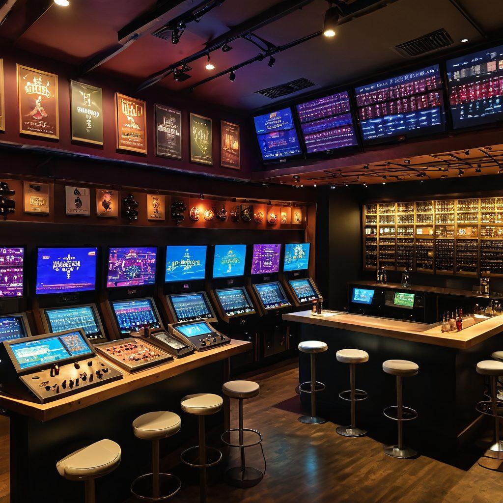 A cozy wine tasting room filled with vintage video game memorabilia, surrounded by iconic retro consoles and game cartridges. Guests are enjoying wine tasting, with glasses in hand and classic pixel art decorations on the walls. A large scoreboard displaying wine varietals is in the background, blending gaming elements with wine themes. Soft, warm lighting enhances the nostalgic atmosphere. retro-style, vibrant colors, 3D.