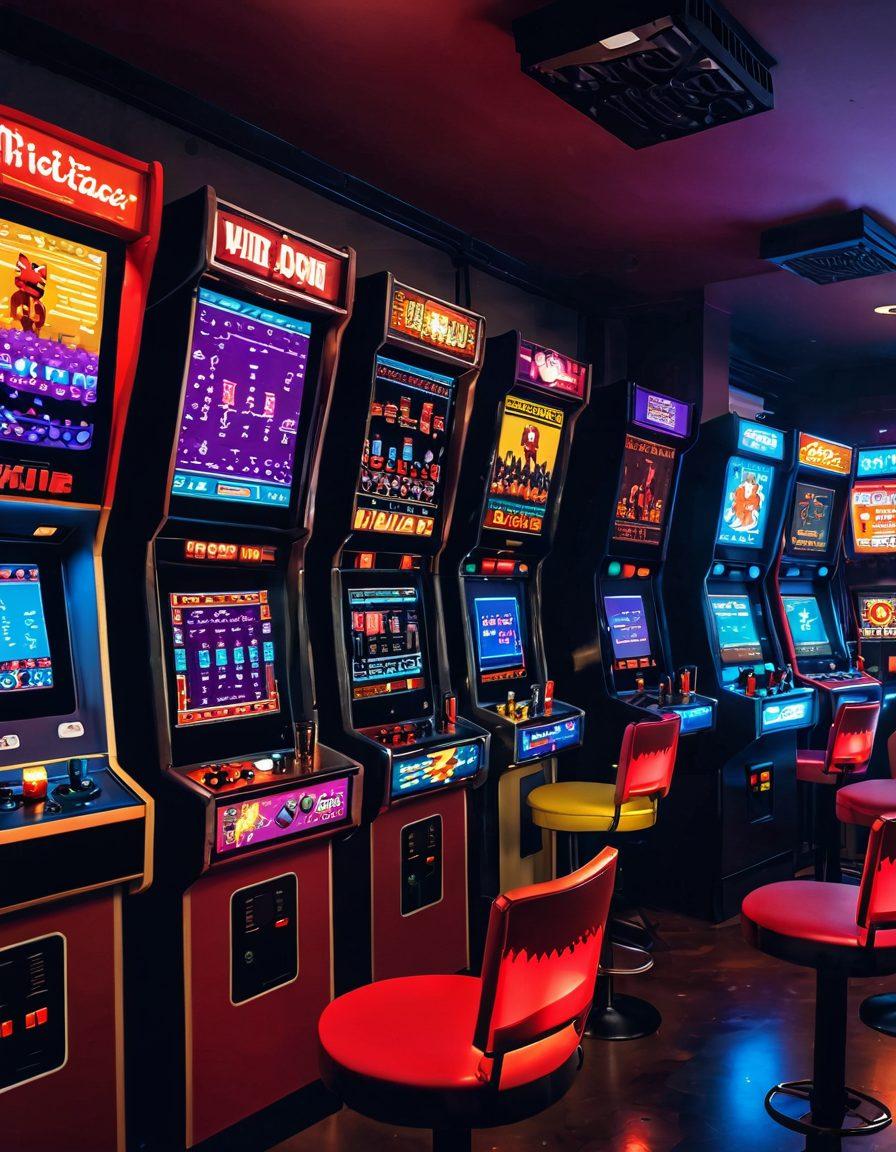 A whimsical scene of a vintage arcade filled with colorful retro gaming machines, each one displaying various wine-related pixel art. In the foreground, a glass of red wine reflects a pixelated game level, while whimsical pixelated grapes dangle from the ceiling. The atmosphere is vibrant and engaging, blending the nostalgia of gaming with the elegance of wine tasting. Retro 8-bit style. vibrant colors. white background.